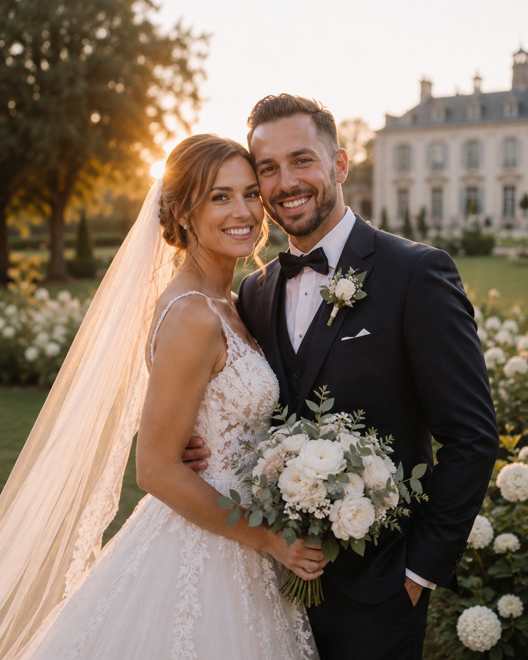 Mariée et marié souriants devant un château, coucher de soleil